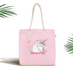 Realhomes Pembe Zeminli Unicorn At Desenli Kumaş Plaj Çantası Realhomes