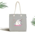 Realhomes Gri Zeminli Unicorn At Desenli Özel Tasarım Kumaş Plaj Çantası Realhomes