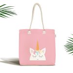 Pembe Zeminde Unicorn Desenli Tasarımlı Dijital Baskılı Çocuk Odası Kumaş Plaj Çantası Realhomes
