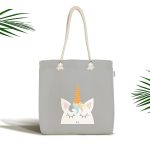 - Canta-4315 - Realhomes Gri Zeminde Unicorn Desenli Tasarımlı Dijital Baskılı Çocuk Odası Kumaş Plaj Çantası Realhomes