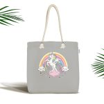 - Canta-4325 - Realhomes Realhomes Gri Zeminde Unicorn At ve Kalpler Tasarımlı Kumaş Plaj Çantası Realhomes