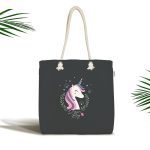 - Canta-4332 - Realhomes Realhomes Siyah Zeminli Magic Unicorn Tasarımlı Kumaş Plaj Çantası Realhomes