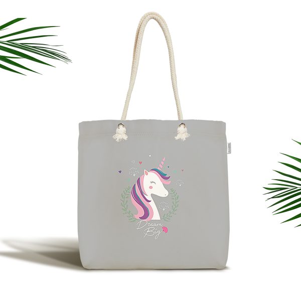 Realhomes Gri Zeminli Unicorn At Desenli Özel Tasarım Kumaş Plaj Çantası Realhomes
