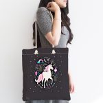 - Canta-4334-1 - Realhomes Siyah Zeminde Unicorn Sevimli At Çocuk Odası Kumaş Plaj Çantası Realhomes