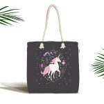 - Canta-4334 - Realhomes Siyah Zeminde Unicorn Sevimli At Çocuk Odası Kumaş Plaj Çantası Realhomes