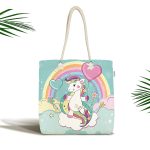- Canta-4341 - Realhomes Realhomes Yeşil Zeminde Sevimli At Çizimli Kumaş Plaj Çantası Realhomes