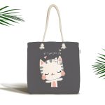 - Canta-4350 - Realhomes Koyu Zeminde Sevimli Kedicik Desenli Kumaş Plaj Çantası Realhomes