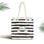 - Canta-4351 - Realhomes Realhomes Siyah Beyaz Çizgili Unicorn Atlar Kumaş Plaj Çantası Realhomes