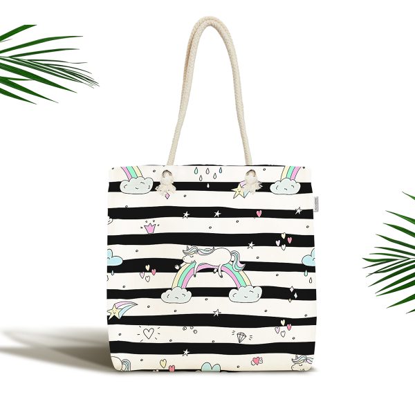 Pembe Zeminde Unicorn Tasarımlı Çocuk Odası Kumaş Plaj Çantası Realhomes