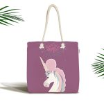 - Canta-4357 - Realhomes Pembe Zeminde Unicorn Desenli Özel Tasarımlı Dijital Baskılı Kumaş Plaj Çantası Realhomes