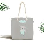 - Canta-4409 - Realhomes Gri Zeminde Şemsiyeli Ayıcık Motifli Özel Tasarımlı Dijital Baskılı Kumaş Plaj Çantası Realhomes