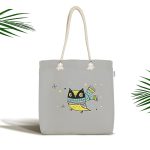 - Canta-4431 - Realhomes Realhomes Gri Zeminde Atkılı Baykuş Desenli Kumaş Plaj Çantası Realhomes