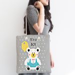 - Canta-4456-1 - Realhomes Gri Zeminde Ayıcık Desenli Dijital Baskılı Bebek Odası Kumaş Plaj Çantası Realhomes