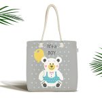 - Canta-4456 - Realhomes Gri Zeminde Ayıcık Desenli Dijital Baskılı Bebek Odası Kumaş Plaj Çantası Realhomes