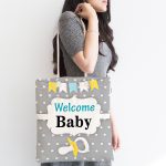 Gri Zemin Baby Shower Temalı Özel Tasarımlı Dijital Baskılı Çocuk Odası Kumaş Plaj Çantası Realhomes