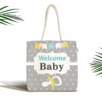 Gri Zemin Baby Shower Temalı Özel Tasarımlı Dijital Baskılı Çocuk Odası Kumaş Plaj Çantası Realhomes