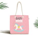 - Canta-4465 - Realhomes Pembe Zeminde Baby Shower Temalı Desenli Bebek Odası Kumaş Plaj Çantası Realhomes