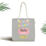 - Canta-4470 - Realhomes Gri Zemin Baby Shower Temalı Özel Tasarımlı Dijital Baskılı Çocuk Odası Kumaş Plaj Çantası Realhomes