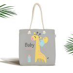 Gri Zeminde Balon ve Zürafa Desenli Özel Tasarım Kumaş Plaj Çantası Realhomes