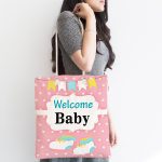 Pembe Zemin Welcome Baby Yazılı Özel Tasarımlı Dijital Baskılı Çocuk Odası Kumaş Plaj Çantası Realhomes