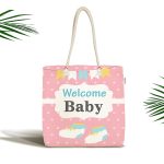 Pembe Zemin Welcome Baby Yazılı Özel Tasarımlı Dijital Baskılı Çocuk Odası Kumaş Plaj Çantası Realhomes