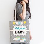 Gri Zemin Welcome Baby Yazılı Özel Tasarımlı Dijital Baskılı Çocuk Odası Kumaş Plaj Çantası Realhomes