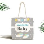 Gri Zemin Welcome Baby Yazılı Özel Tasarımlı Dijital Baskılı Çocuk Odası Kumaş Plaj Çantası Realhomes