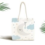 - Canta-4488 - Realhomes Beyaz Zemin Mavi Bulut ve Gri Ay Tasarımlı Bebek Odası Kumaş Plaj Çantası Realhomes