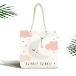 Beyaz Zeminde Ay ve Bulut Desenli Bebek Odası Kumaş Plaj Çantası Realhomes