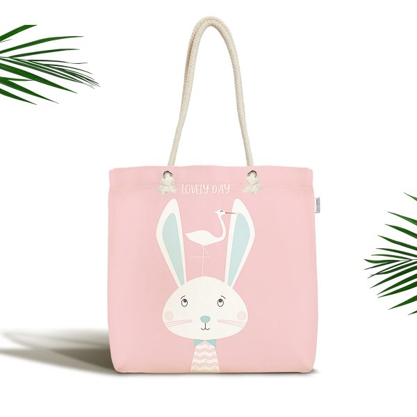 Gri Zemin Uyuyan Ayıcık Desenli Özel Tasarımlı Dijital Baskılı Kumaş Plaj Çantası Realhomes