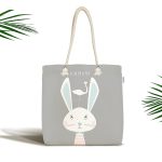 - Canta-4513 - Realhomes Gri Zemin Sevimli Tavşan Ve Leylek Desenli Dijital Baskılı Çocuk Odası Kumaş Plaj Çantası Realhomes