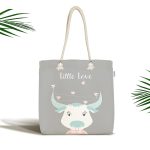 - Canta-4517 - Realhomes Gri Zemin Sevimli İnek Ve Kuş Özel Tasarımlı Dijital Baskılı Çocuk Odası Kumaş Plaj Çantası Realhomes
