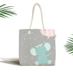 - Canta-4526 - Realhomes Gri Zeminli Sevimli Fil Desenli Özel Tasarımlı Dijital Baskılı Çocuk Odası Kumaş Plaj Çantası Realhomes