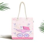 - Canta-4546 - Realhomes Pembe Bebek Arabası Tavşan Desenli Özel Tasarımlı Dijital Baskılı Çocuk Odası Kumaş Plaj Çantası Realhomes