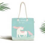 - Canta-4559 - Realhomes Yeşil Zemin Doğum Günü Temalı Unicorn Desenli Özel Tasarımlı Dijital Baskılı Çocuk Odası Kumaş Plaj Çantası Realhomes