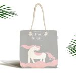 Gri Zemin Doğum Günü Temalı Unicorn Desenli Özel Tasarımlı Dijital Baskılı Çocuk Odası Kumaş Plaj Çantası Realhomes
