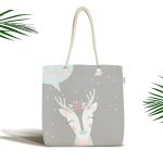- Canta-4565 - Realhomes Gri Zeminli Sevimli Geyik Tasarımlı Bebek Odası Kumaş Plaj Çantası Realhomes