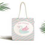 - Canta-4571 - Realhomes Realhomes Pembe Yeşil Çizgili Kuğu Tasarımlı Kumaş Plaj Çantası Realhomes