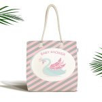 Realhomes Pembe Gri Çizgili Kuğu Tasarımlı Kumaş Plaj Çantası Realhomes