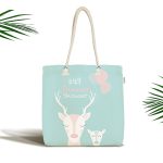 Realhomes Yeşil Zeminde Sevimli Geyik Tasarımlı Kumaş Plaj Çantası Realhomes