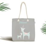 - Canta-4581 - Realhomes Realhomes Gri Zeminde Unicorn Geyikler Tasarımlı Kumaş Plaj Çantası Realhomes