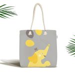 - Canta-4595 - Realhomes Gri Zeminde Uçan Balonlar ve Fil Desenli Çocuk Odası Kumaş Plaj Çantası Realhomes