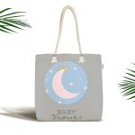 - Canta-4599 - Realhomes Gri Zemin Ay Desenli Baby Shower Özel Tasarımlı Dijital Baskılı Çocuk Odası Kumaş Plaj Çantası Realhomes