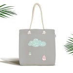 - Canta-4611 - Realhomes Gri Zemin Mavi Bulut Desenli Özel Tasarımlı Dijital Baskılı Kumaş Plaj Çantası Realhomes