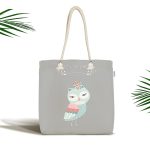 - Canta-4614 - Realhomes Gri Zemin Sevimli Baykuş Desenli Özel Tasarımlı Dijital Baskılı Çocuk Odası Kumaş Plaj Çantası Realhomes