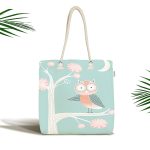 - Canta-4627 - Realhomes Yeşil Zemin Ağaç Dalında Baykuş Motifli Dijital Baskılı Çocuk Odası Kumaş Plaj Çantası Realhomes