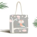 Gri Zemin Ağaç Dalında Baykuş Motifli Dijital Baskılı Çocuk Odası Kumaş Plaj Çantası Realhomes