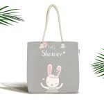 - Canta-4641 - Realhomes Gri Zemin Baby Shower Temalı Tavşan Desenli Dijital Baskılı Çocuk Odası Kumaş Plaj Çantası Realhomes