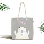- Canta-4643 - Realhomes Gri Zemin Hello Baby Yazılı Ayıcık Desenli Dijital Baskılı Kumaş Plaj Çantası Realhomes