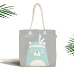 - Canta-4649 - Realhomes Gri Zemin Sevimli Ayıcık Desenli Özel Tasarımlı Dijital Baskılı Kumaş Plaj Çantası Realhomes